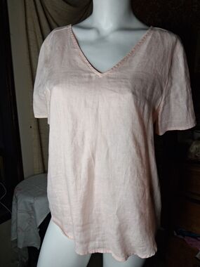 Lord and taylor Women's V-Neck Short Sleeve Linen Top  Pink M